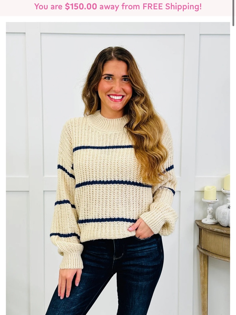 Zenana Outfitters Cream Sweater with Navy Stripes